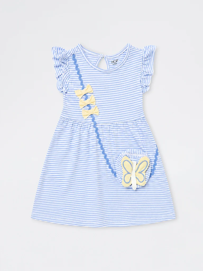 Kids Girls Blue Striped Sling-Bag Detail Cotton A-Line Dress